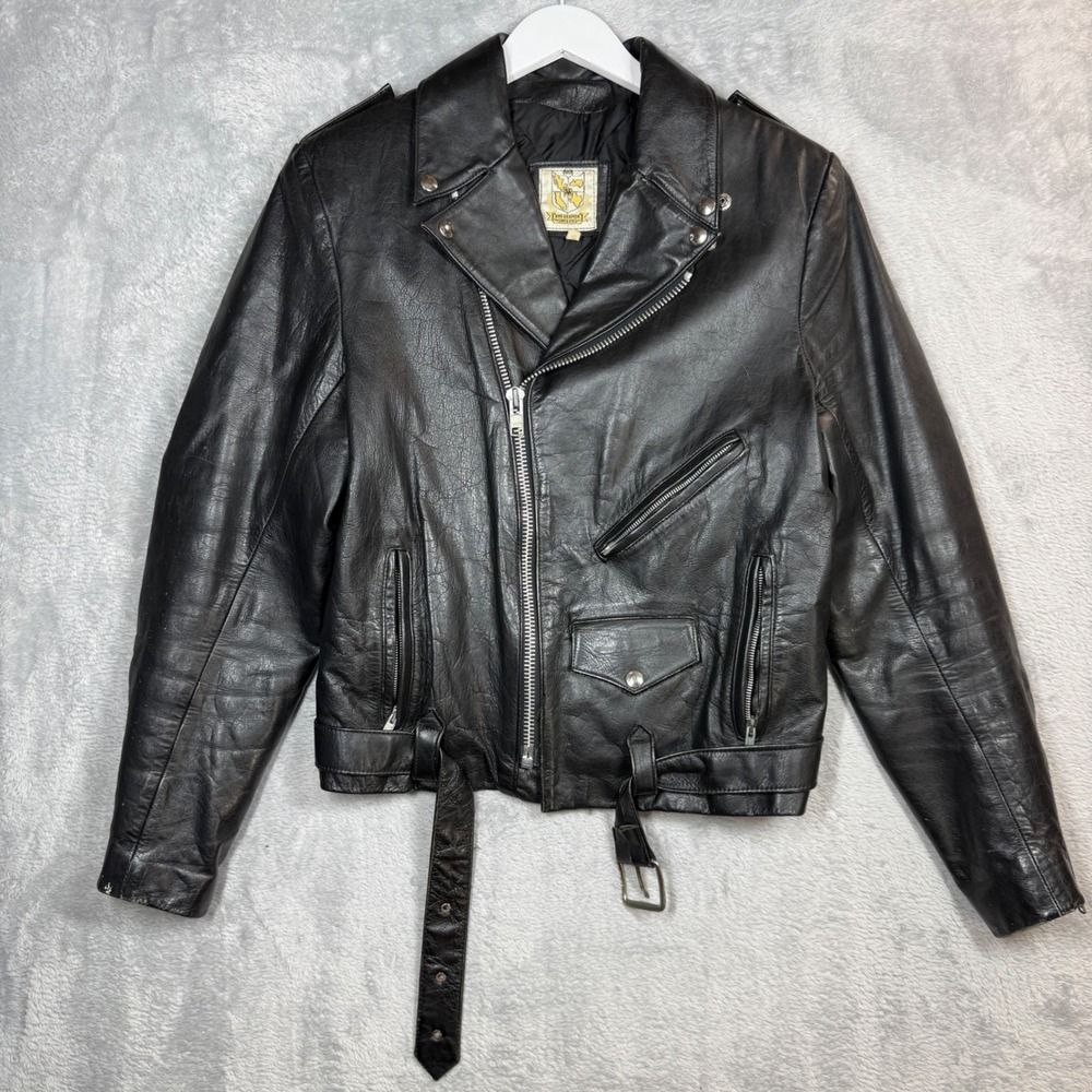 Vintage Fine Leather Biker Jacket Mens 40 Black Distressed Moto Punk 80s